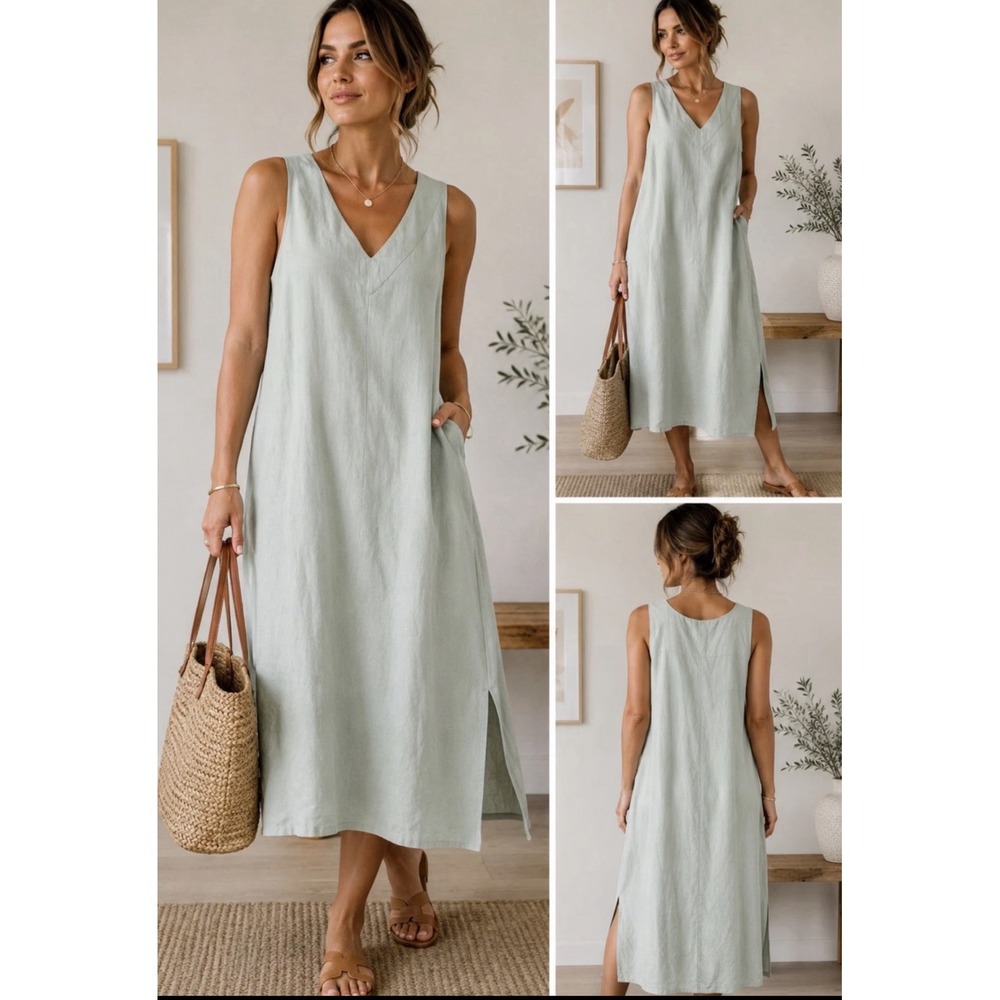 DKNY Women Large Blue Linen Blend V-Neck Sleeveless Midi Dress Pockets NWT